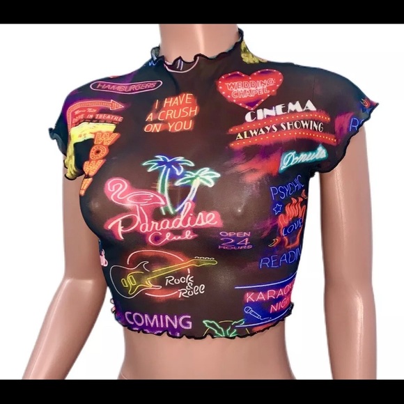 Y2K Sheer Mesh Hollywood Las Vegas Neon Sign Rave Paradise Club Crop Top New - Picture 2 of 4